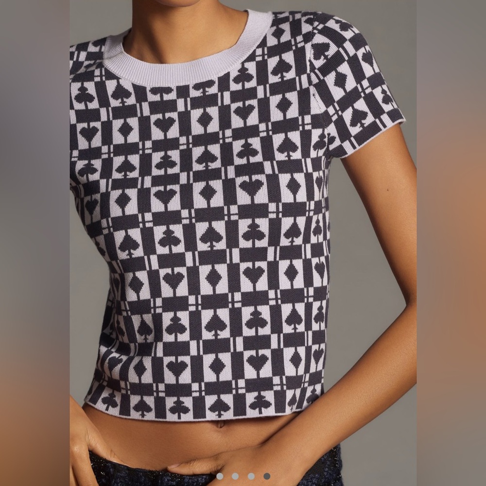 Maeve Dark Navy and Pale Lavender Geometric Crop Top